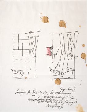 Lebbeus Woods, Untitled, sketch for the series Nine Reconstructed Boxes, 1999; ink on paper; 8 1/2 in. x 11 in. (21.59 cm x 27.94 cm); Collection SFMOMA, Accessions Committee Fund purchase