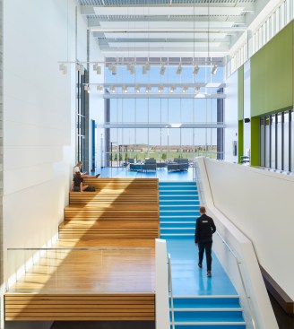 4.	A lounge and amphitheatre seating terminate the lobby with panoramic views of the prairie sky. 