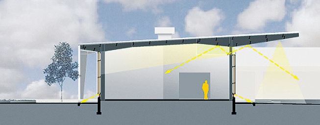 The warehouse uses only two light sources-natural light and T5HO 3500K linear fluorescent strips to articulate the building's volumes and surfaces.