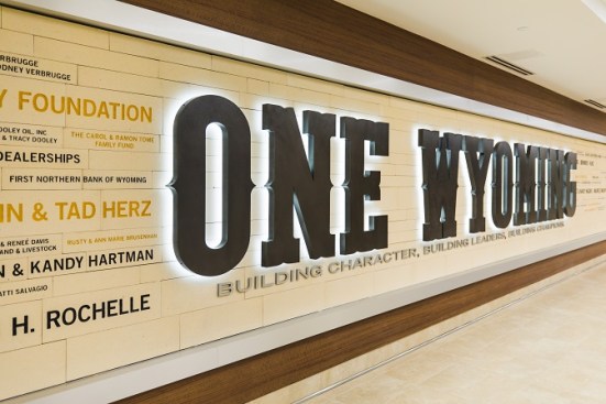 A donor recognition wall acts as a key focal point inside the Wyoming Rochelle Athletic Center