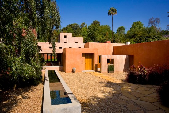 Mandeville Canyon modern home exterior and entry pond 