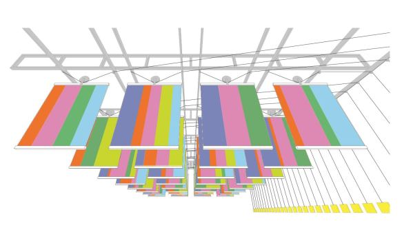 The banners, designed by M-A-D and Freecell. Each intervention's team chose the percentages for the color scheme of their banner. The system of counterweights can be seen on the right.