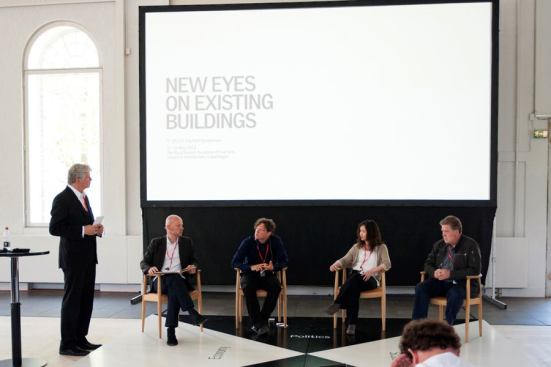 Presenter James Benya led the symposium's traditional closing debate with presenters Michael Pawlyn, Reinhart, Lam, and Allsopp.