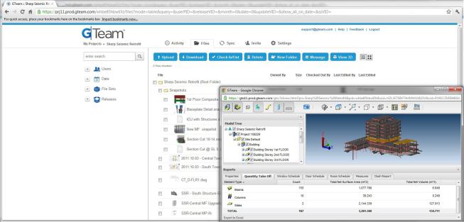 The GTeam file management interface with a 3D BIM data window