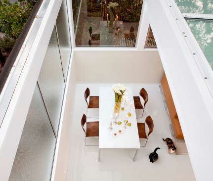 View of dining room from retractable skylight.