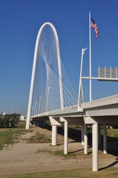 View of the dry Trinity River bed beneath the Margaret Hunt Hill Bridge.