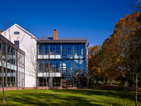 The use of glass in the Math and Science Center provides ample daylighting and creates a dramatic back facade.