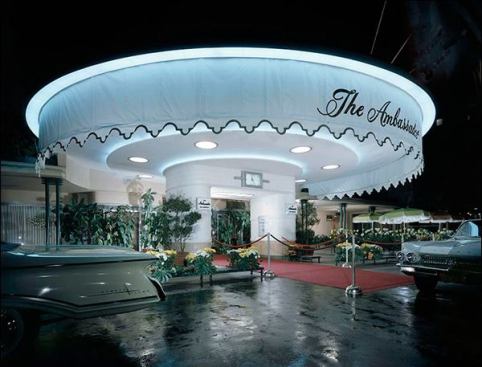 The Ambassador Hotel in Los Angeles, by Myron Hunt, featured a&nbsp;lit cylindrical&nbsp;entry until its 2005 demolition.