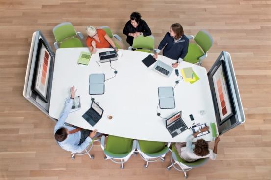 Steelcase launched a set of collaborative solutions in 2009,&nbsp;including Media:Scape (shown),&nbsp;C:Scape, i2i, and Cobi. The products were designed to help people connect with each other and technology in a team-focused environment.