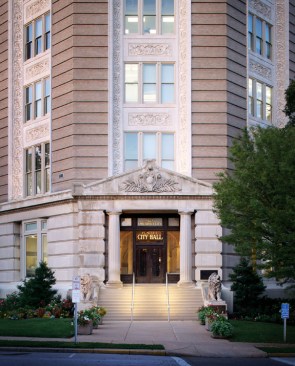 New metal handrails installed on the exterior stairs incorporate downlights that improve visibility at night. Accent lights at the base of the second-floor windows illuminate the building at night but had to be carefully shaded to be dark-sky compliant.