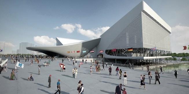 The London Aquatic Centre in Olympic mode.
