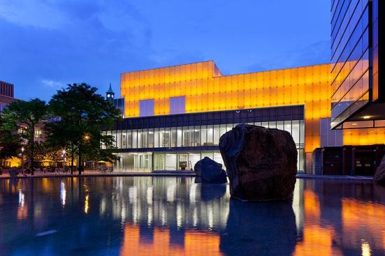 One of the many color variations for the illuminated portion of the façade.