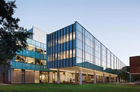 The two enclosed floors of the northern volume are supported by 18 poured-in-place concrete columns. And in a break from Rice's brick-and-masonry vernacular, the northernmost fa?ade is glazed to capture indirect light, and silk screened with a blue Penrose pattern to mitigate glare.