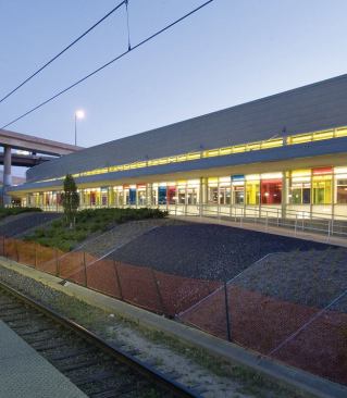 On the opposite side of the building from the Greyhound bus bays are the tracks for MetroLink, St. Louis' light-rail transit system. Color laminated films on 2-inch-thick insulated glass units from Alpen Energy Group-which are used throughout the project-play well against the interlocking zinc wall panels and add a bit of whimsy to the fa??ade. The insulated glass helps keep out noise from trains, buses, and the overpasses.