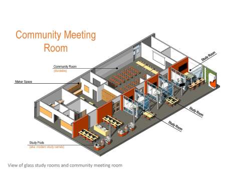 View of glass study rooms and community meeting room
