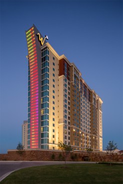The most visually impactful element, especially from the I-35 corridor, is the 18-story
tall LED-lit screen wall along the north tower’s end wall.