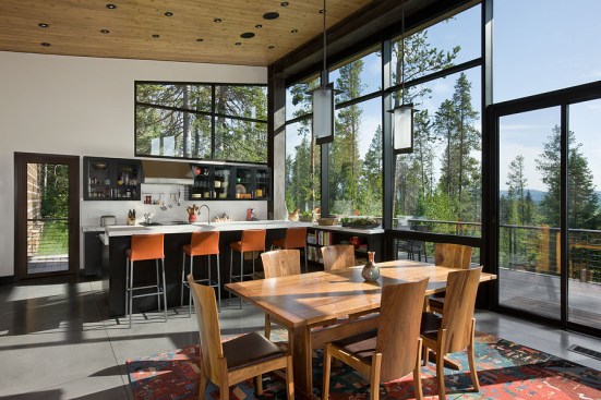 Interior, horizontal, dining room towards kitchen, Rosenthal residence, Wilson, Wyoming; Ward + Blake Architects