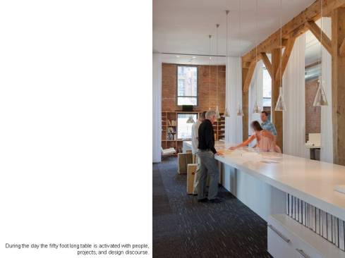 During the day the fifty foot long table is activated with people, projects, and design discourse.