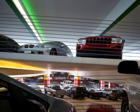 Linear lighting coordinates with the structure to define the interior of the parking area. Each level has an assigned color to assist drivers with wayfinding.