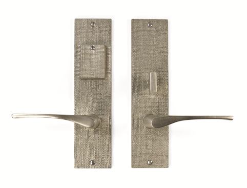 The new Burlap collection of interior and exterior door hardware features a textured backplate that resembles rough textile. Pieces are made from solid bronze and come in various styles. 
www.sunvalleybronze.com.