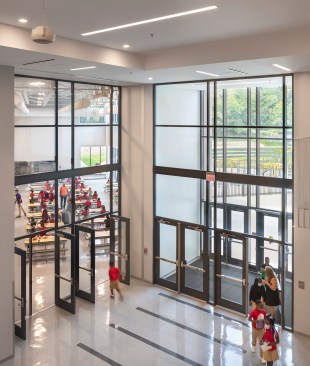 View from second floor to cafe and outdoor room