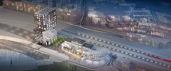 A+rendering+of+the+Esplanade+Tower+at+night%2c+overlooking+the+railway+beyond.