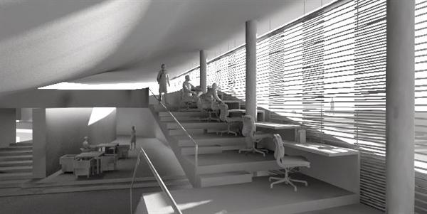 View of study stations in the library.