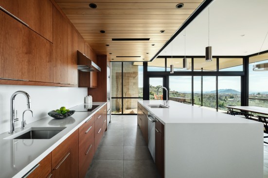Cherry veneer cabinets and quartz counters are the main kitchen materials along with a clean, floating cedar ceiling.