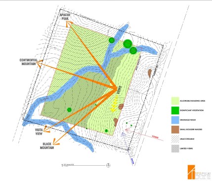 Site plan showing the most feasible building area while still taking advantage of the home’s views.