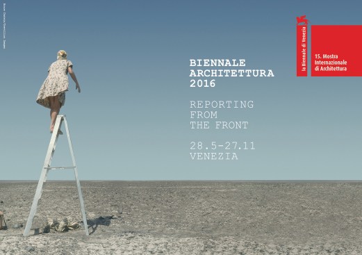 The Venice Biennale's banner which uses Bruce Chatwin's photo "Maria Reiche, The Nazca Lines Archaeologist," as a representation for how the field can respond to ongoing social issues.