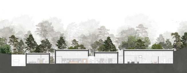 Under the uniform exterior, each box conceals its 
own function. From left: administration, café, exhibition and 
learning centre.