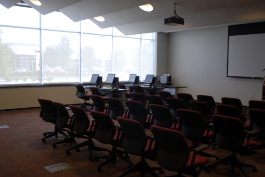 Lecture hallis equiped with a video & sound system, computer workstations and a video recording system