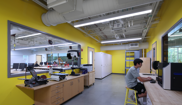 A maker space connects two engineering classrooms, giving students an area to experiment and test designs. 

Classrooms are designed with suspended electrical receptacles to accommodate flexible learning. 
