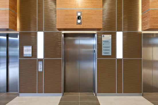 LEVELe Wall System with Capture panels; insets in Bonded Bronze with Natural Patina and Kalahari pattern; LightPlane panels in ViviChrome Chromis glass with White interlayer and Standard finish at Princeton Medical Arts Pavilion, Plainsboro, New Jersey