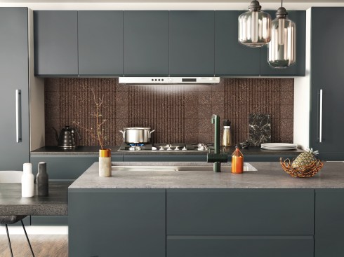 Ottan Studio-designed architectural panels made from brown leaves, used here as a backsplash