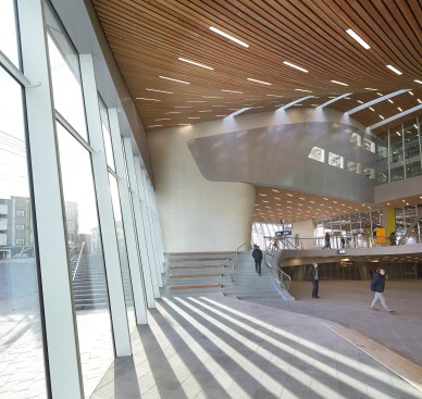 Wood ceilings were used as wayfinding in the space.