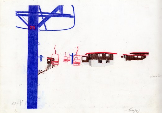 Bayer drawings of a ski lift and restaurant, circa 1958