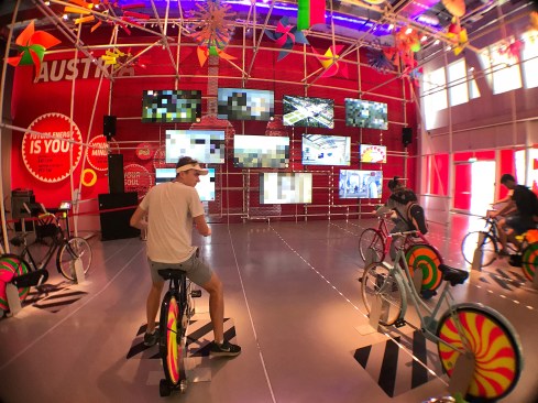The Austrian Pavilion is a fitness funhouse that encourages visitors to generate their own energy.