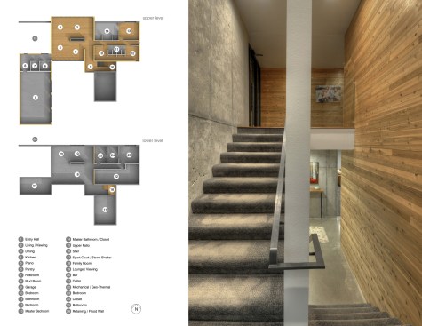 Interior stair between sport court and living spaces