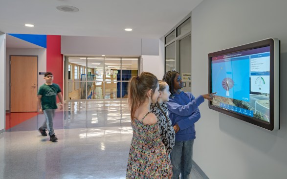 ENERGY DASHBOARD - Located in the main lobby, it is used as a teaching tool, displaying real-time energy output and usage of the school