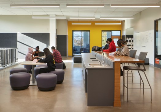 The second-floor features flexible seating and furniture to cater to different learning styles and teaching opportunities.
