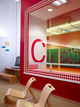 View from classroom through picture window to adjacent corridor