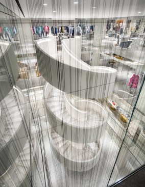 A view of the spiral stair, the sculptural showpiece of the store.
