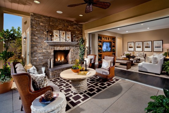 California rooms, linked to the great room/kitchen areas are another common feature in Standard Pacific Homes' redesigned houses. This one is in a model home at Bellasario in San Digeo, Calif..
