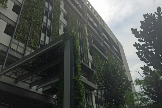 Greenery clads a new high-rise tower at the BCA, which in addition to the SkyLab facility also hosts education classes for high school students and older in the building trades, specializing in green systems and technologies.