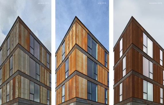 Process shots showing the development of the weathered finish on the building's exterior