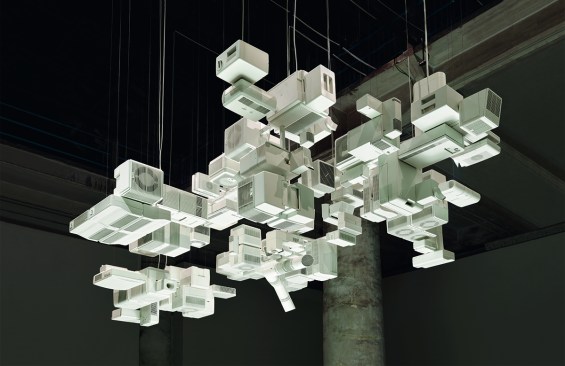 Cloud, 2008. Air purifiers, ionizers, sterilizers, washers, humidifiers, ozone air cleaners; 136 units running continuouslyInstallation view, 11th Venice Biennale of Architecture