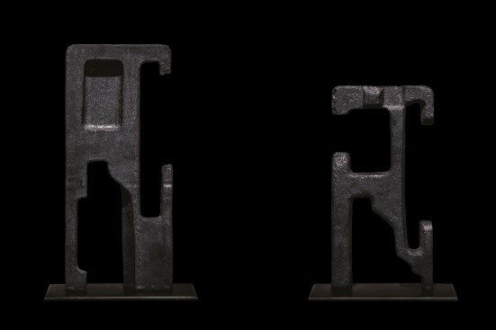 Trickster (2013) and Loki (2014), press moulded stoneware with copper oxide slip