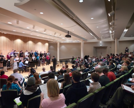 A basement lecture hall was converted to a recital hall.