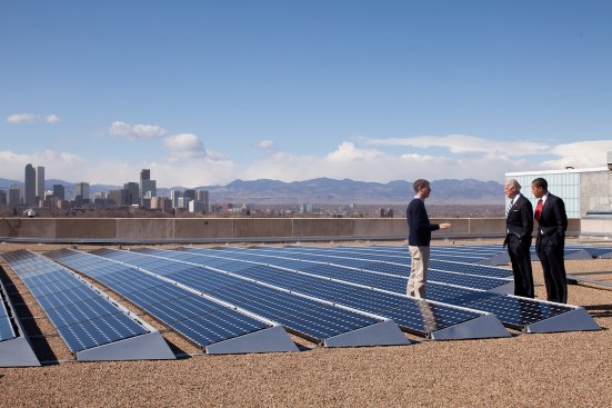 Then-President Barack Obama with then-Vice President, now President-elect, Joe Biden speaks with Namasté Solar Electric co-founder Blake Jones at the Denver Museum of Nature and Science in February 2009. 
Official White House Photo by Pete Souza.